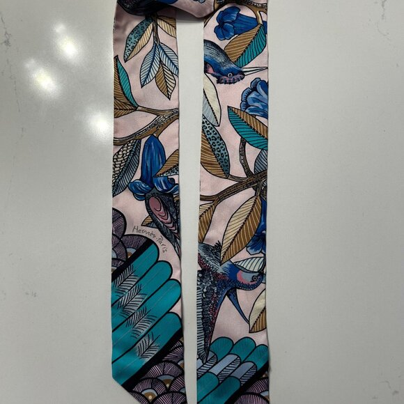 Hermes Silk Tree Of Song Twilly Rose Pale Turquoise with Box - Picture 9 of 15